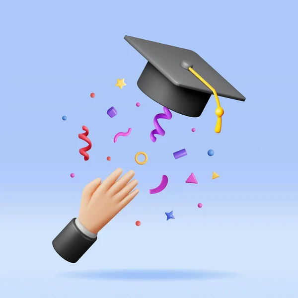 卒業帽子を空中に投げる卒業生の3D手 Confettiの卒業キャップで手をレンダリングします 教育の概念 大学や大学の卒業式 学士会 ベクターイラスト — ストックベクタ