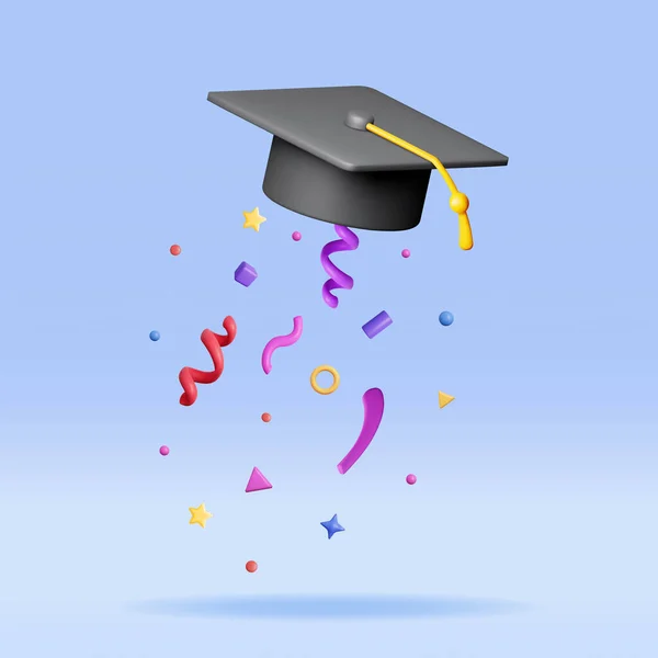 3D与Confetti分离的空气中的毕业帽 Confetti的渲染毕业典礼帽教育的概念 学院或大学毕业典礼 单身派对病媒图解 — 图库矢量图片