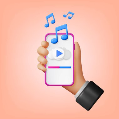 Cep telefonunda Music Cloud Note ile 3D Hand. Smartphone Streaming Music Platform Simgesini Hazırla. Modern Müzik Hizmetleri. Not: Gerçekçi Tasarım. Müzikal Not, Ses Şarkısı veya Gürültü İşareti. Vektör illüstrasyonu