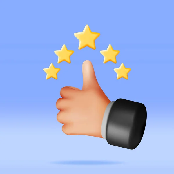 Thumb Pointing Five Gold Star Rating Isolated Reviews Five Star — Stock Vector