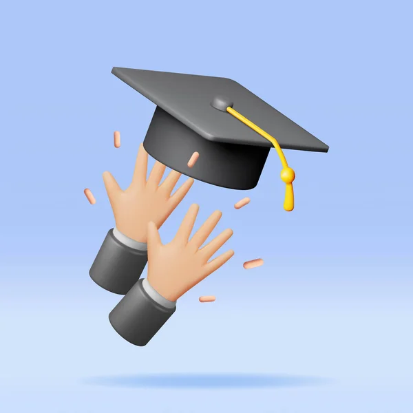 毕业生的3D手把毕业生的仇恨抛向空中 渲染与毕业帽在空气中 教育的概念 学院或大学毕业典礼 单身派对病媒图解 — 图库矢量图片