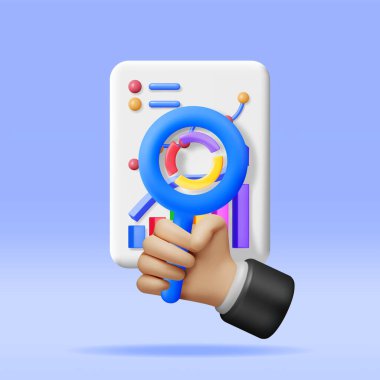 3D Pie Diagram in Clipboard with Magnifying Glass. Render Stock Pie Shows Growth or Success. Financial Data Analysis, Business Research, Financial Market Trade. Money and Banking. Vector Illustration