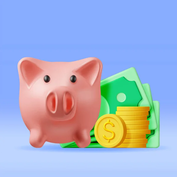 Malacka Bank Érmékkel Bankjegyekkel Render Műanyag Malacka Bank Money Moneybox — Stock Vector