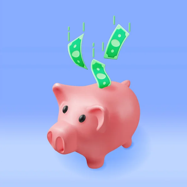 Piggy Bank Met Dollars Geïsoleerd Render Plastic Piggy Bank Voor — Stockvector