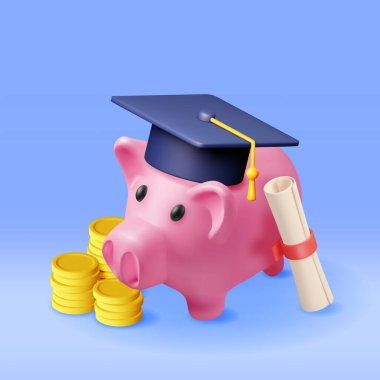 Mezuniyet Başlığı, Diploma Belgesi ve Altın Madeni Paralarla 3D Piggy Bank. Eğitim için Tasarruf Tasarruf Konsepti. Tasarruf ve Yatırım. Akademik ve Okul Bilgileri. Gerçekçi Vektör İllüstrasyonu