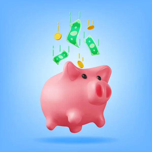 Piggy Bank Met Munten Bankbiljetten Geïsoleerd Render Plastic Piggy Bank — Stockvector