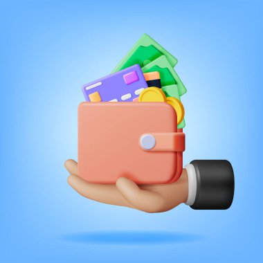 3D Para ve Deri Cüzdan. Banka kartı ve cüzdan. Altın Para ve Dolar Faturaları. Sahte Para Faturaları. Büyüme, gelir, Tasarruf, Yatırım. Zenginliğin sembolü. İş Başarı. Vektör illüstrasyonu.