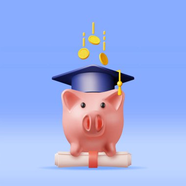 Mezuniyet Başlığı, Diploma Belgesi ve Altın Madeni Paralarla 3D Piggy Bank. Eğitim için Tasarruf Tasarruf Konsepti. Tasarruf ve Yatırım. Akademik ve Okul Bilgileri. Gerçekçi Vektör İllüstrasyonu