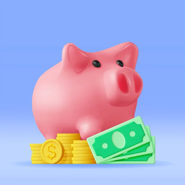 Piggy Bank Com Moedas Notas Renderizar Plástico Piggy Bank Para —  Vetores de Stock