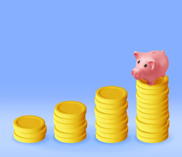3D小猪银行和成堆的硬币铸造塑料猪银行的钱 猪形式的钱箱 现金概念 商业存款投资 金融储蓄 病媒图解 — 图库矢量图片
