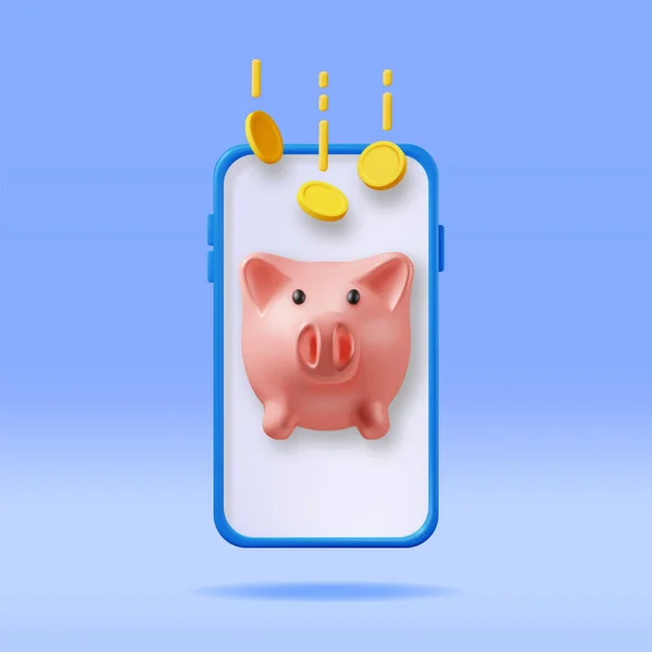 Piggy Bank Met Munten Mobiele Telefoon Geïsoleerd Render Plastic Piggy — Stockvector
