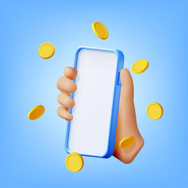 Smartphone Mão Dinheiro Isolado Renderizar Telefone Móvel Com Moeda Ouro — Vetor de Stock