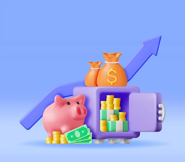 Trezor Plný Peněz Piggy Bank Render Plastic Style Safebox Cash — Stockový vektor