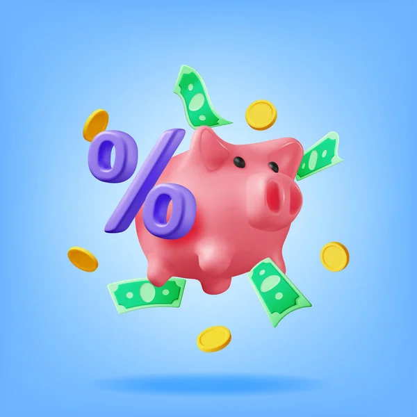 stock vector 3D Piggy Bank with Coins and Percent Isolated. Render Plastic Piggy Bank for Money. Moneybox in Form of Pig. Concept of Cash Money, Business Deposit Investment, Financial Savings. Vector Illustration