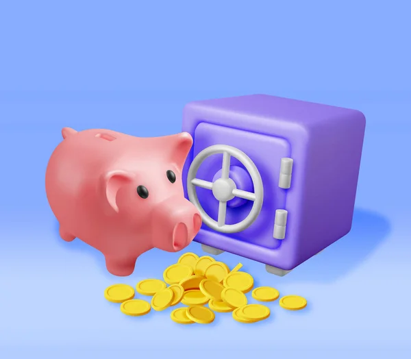 Kluis Vol Met Geld Piggy Bank Render Plastic Style Safebox — Stockvector