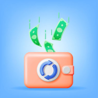 Cüzdanında dolar banknotları olan 3D Yuvarlak Ok. Nakit veya Alışverişte İade Parası. Geri Parayla Ödeme Konsepti. İade ve Dijital Ödeme. Yatırımın Dönüşü. Vektör İllüstrasyonu