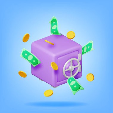 3D Para Kutusu Beyaz 'da izole edildi. Plastik Stil Kasa Bozuklukları, Dolar Simgesi. Banka Kasa Güvenliği, Mevduat Deposu, Nakit Güvenlik Kutusu. Tasarruf, Saklanan Para. Vektör İllüstrasyonu