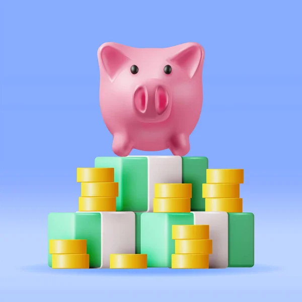 Piggy Bank Met Munten Bankbiljetten Render Plastic Piggy Bank Voor — Stockvector