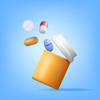 3D Plastik Şişe dolusu hap. Haplar, kapsül, ilaçlar için ilaç paketi. Hastalık ve Acı Tedavisi Kutusu. Tıbbi ilaç, vitamin, antibiyotik. Sağlık Hizmetleri Eczanesi. Vektör İllüstrasyonu