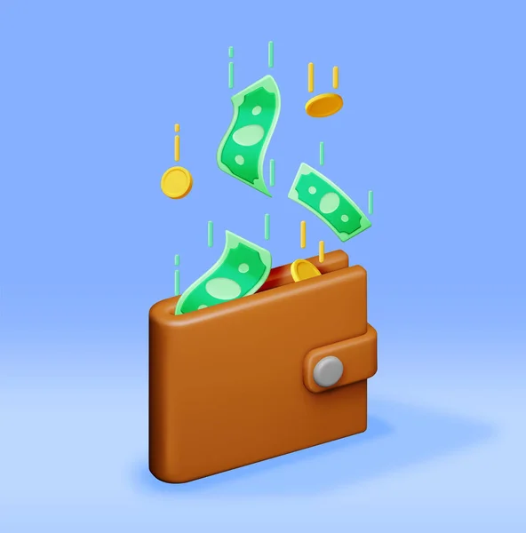 3Dお金と革財布 銀行カードと財布 金貨とドル紙幣 お金を借りる 富の象徴 ビジネスの成功 ベクターイラスト — ストックベクタ
