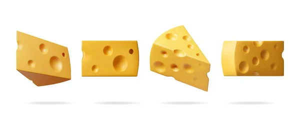 異なる角度からチーズの3Dピースコレクション白に隔離されました 三角形のチーズアイコンセットをレンダリングします 牛乳乳製品 現実的な有機健康食品のシンボル ベクターイラスト — ストックベクタ
