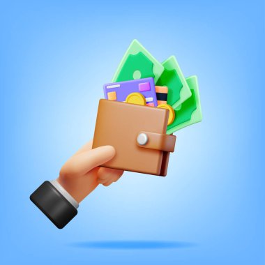 3D Para ve Deri Cüzdan. Banka kartı ve cüzdan. Altın Para ve Dolar Faturaları. Sahte Para Faturaları. Büyüme, gelir, Tasarruf, Yatırım. Zenginliğin sembolü. İş Başarı. Vektör illüstrasyonu.