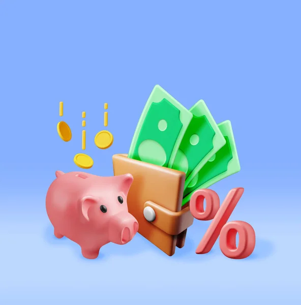 Piggy Bank Monet Portfela Izolowane Render Plastic Piggy Bank Pieniądze — Wektor stockowy