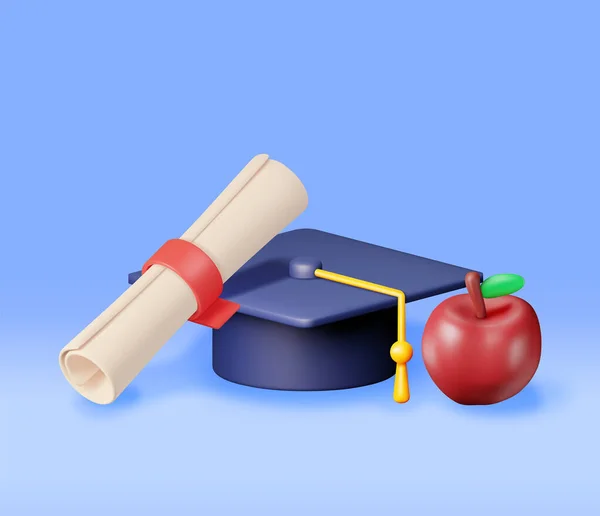 3Dアップル スタンプと卒業キャップ付き証明書 バッジと教育帽子でホワイトディプロマをレンダリングします ディプロマまたは認定 目標と達成 卒業制作 ベクターイラスト — ストックベクタ