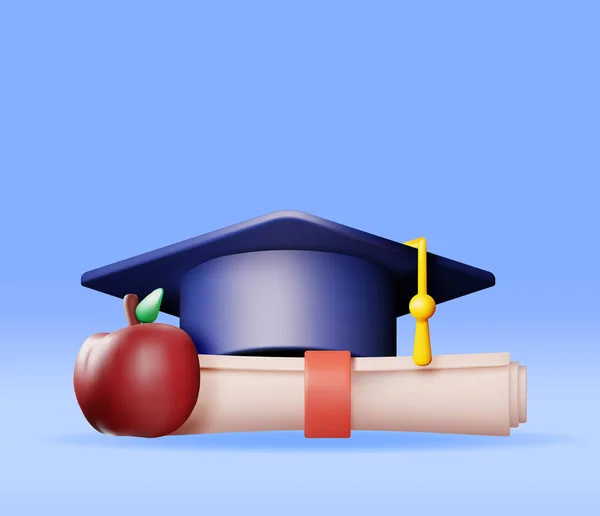 Apple 贴有邮票的证书和毕业证书 颁发具有徽章和教育帽的白色文凭 文凭或资格证书 目标和成就 企业毕业概念 病媒图解 — 图库矢量图片