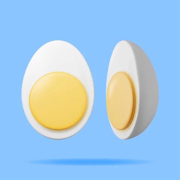 3Dゆで卵半分に切り込みます 漫画の卵アイコンをレンダリングします 乳製品と食料品 イースター モックアップのコンセプト リアルなベクトルイラスト — ストックベクタ