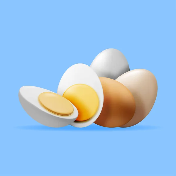 3D煮熟的鸡蛋切成两半 渲染卡通蛋蛋图标 乳制品食品和食品杂货店 复活节戒酒的概念 现实的病媒说明 — 图库矢量图片