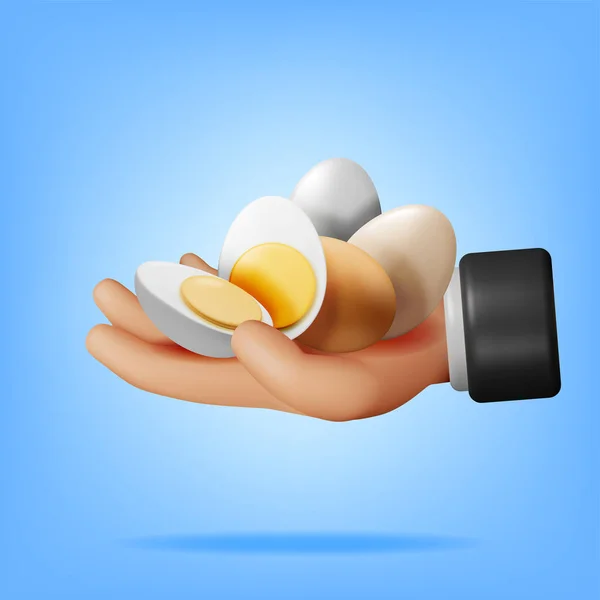手で半分にカット3Dゆで卵分離 漫画の卵アイコンをレンダリングします 乳製品と食料品 イースター モックアップのコンセプト リアルなベクトルイラスト — ストックベクタ