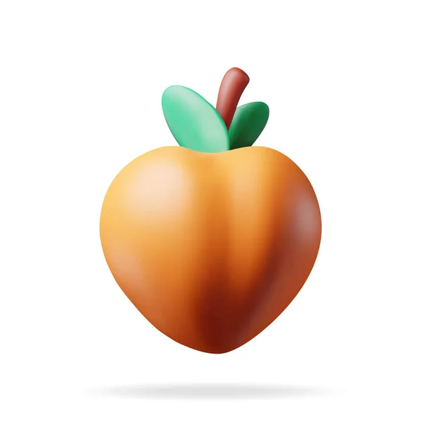 Verse Perzik Met Groene Bladeren Geïsoleerd Wit Render Cartoon Peach — Stockvector