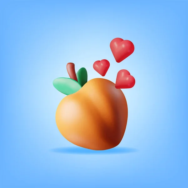 Verse Perzik Met Groene Bladeren Harten Geïsoleerd Render Cartoon Peach — Stockvector
