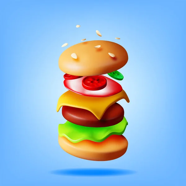 Jumping Tasty Burger Isolerad Render Burger Ikon Med Saltad Gurka — Stock vektor