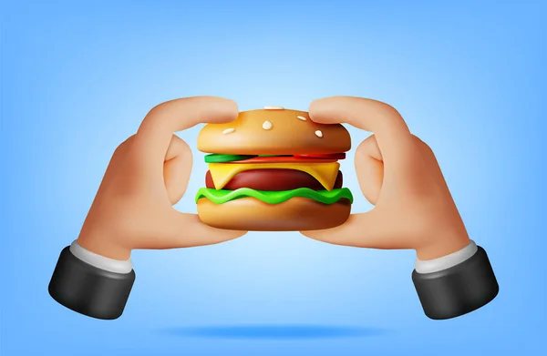 Välsmakande Hamburgare Händerna Isolerad Render Burger Ikon Med Saltad Gurka — Stock vektor