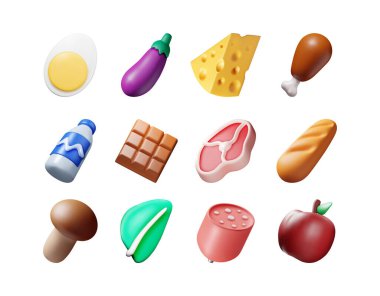 Üç boyutlu Taze Ürün Koleksiyonu. Market Set Süpermarketi. Yiyecek ve içecekler. Süt, sebze, tavuk, peynir, sosis, salata, ekmek, çikolata ve yumurta. Vektör illüstrasyonu