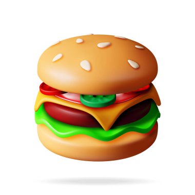Beyaz üzerine 3 boyutlu Lezzetli Burger. Salatalık, salatalık, domates, peynir, sos, susamlı çörek ve sığır pirzolası ile Burger Icon yap. Çizburger Fast Food. Gerçekçi Vektör İllüstrasyonu.