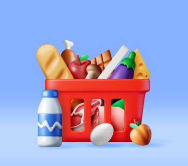 3D Alışveriş Plastik Sepeti ve Taze Ürünler. Render Market, Süpermarket. Yiyecek ve içecekler. Süt, sebze, et tavuğu, peynir, sosis, salata, çikolata yumurtası. Vektör illüstrasyonu