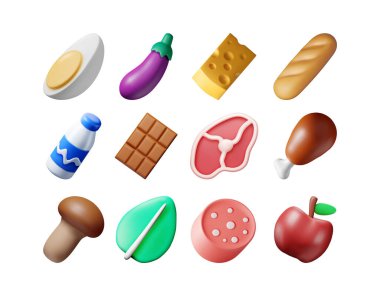 Üç boyutlu Taze Ürün Koleksiyonu. Market Set Süpermarketi. Yiyecek ve içecekler. Süt, sebze, tavuk, peynir, sosis, salata, ekmek, çikolata ve yumurta. Vektör illüstrasyonu