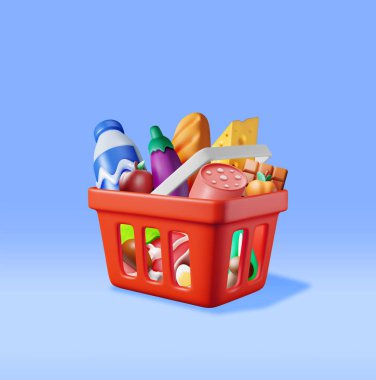 3D Alışveriş Plastik Sepeti ve Taze Ürünler. Render Market, Süpermarket. Yiyecek ve içecekler. Süt, sebze, et tavuğu, peynir, sosis, salata, çikolata yumurtası. Vektör illüstrasyonu