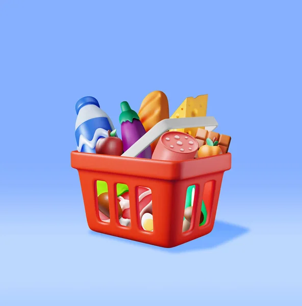 플라스틱 Basket Fresh Products Render Grocery Store Supermarket 테이블 소시지 — 스톡 벡터