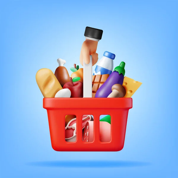 Shopping Műanyag Kosár Friss Termékekkel Render Élelmiszerbolt Szupermarket Étel Italok — Stock Vector