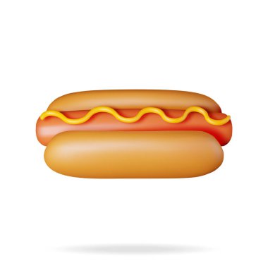 Beyaz Hardallı 3D Sosisli sandviç. Hotdog Simgesi oluştur. Çörek ve Hardallı sosis. Fast Food Konsepti. Şişman, sağlıksız yiyecekler. Çizgi film Vektör İllüstrasyonu