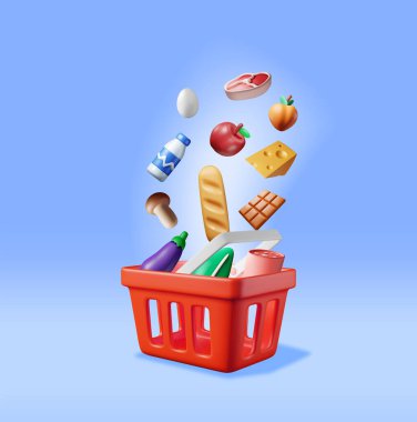 3D Alışveriş Plastik Sepeti ve Taze Ürünler. Render Market, Süpermarket. Yiyecek ve içecekler. Süt, sebze, et tavuğu, peynir, sosis, salata, çikolata yumurtası. Vektör illüstrasyonu