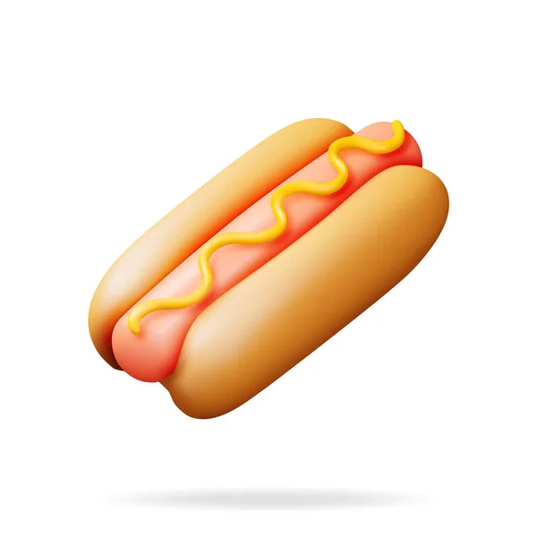 3D热狗与芥末分离在白色 渲染热狗图标 与Bun和Mustard的香肠 快餐概念 不健康的食物 卡通矢量图解 — 图库矢量图片