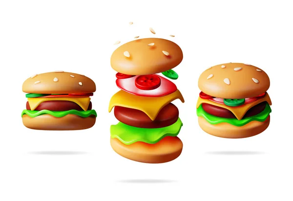 Tasty Burger Set Olika Vinklar Render Collection Burger Ikon Med — Stock vektor