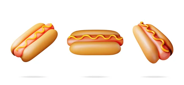 Hot Dog Med Senap Set Olika Vinklar Isolerad Vitt Render — Stock vektor