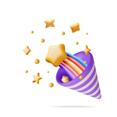 3D Parti Popper ve Altın Konfeti izole edildi. Altın Plastik Konfeti Koleksiyonu. Değişik şekillerde renkli havai fişek yıldızları. Parti, Holyday Sürprizi ya da Doğum Günü Olayları. Vektör İllüstrasyonu