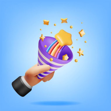 3D Parti Popper ve Altın Konfeti izole edildi. Altın Plastik Konfeti Koleksiyonu. Değişik şekillerde renkli havai fişek yıldızları. Parti, Holyday Sürprizi ya da Doğum Günü Olayları. Vektör İllüstrasyonu